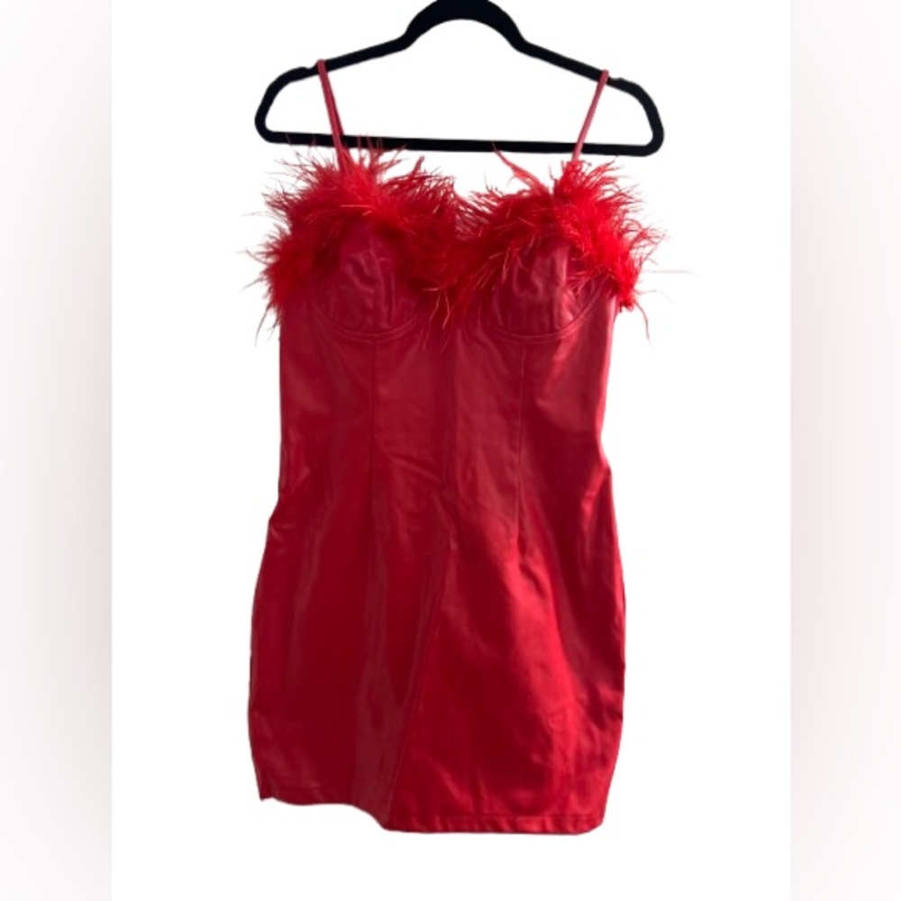 Elegant Red Feather-Trimmed Women's leather dress